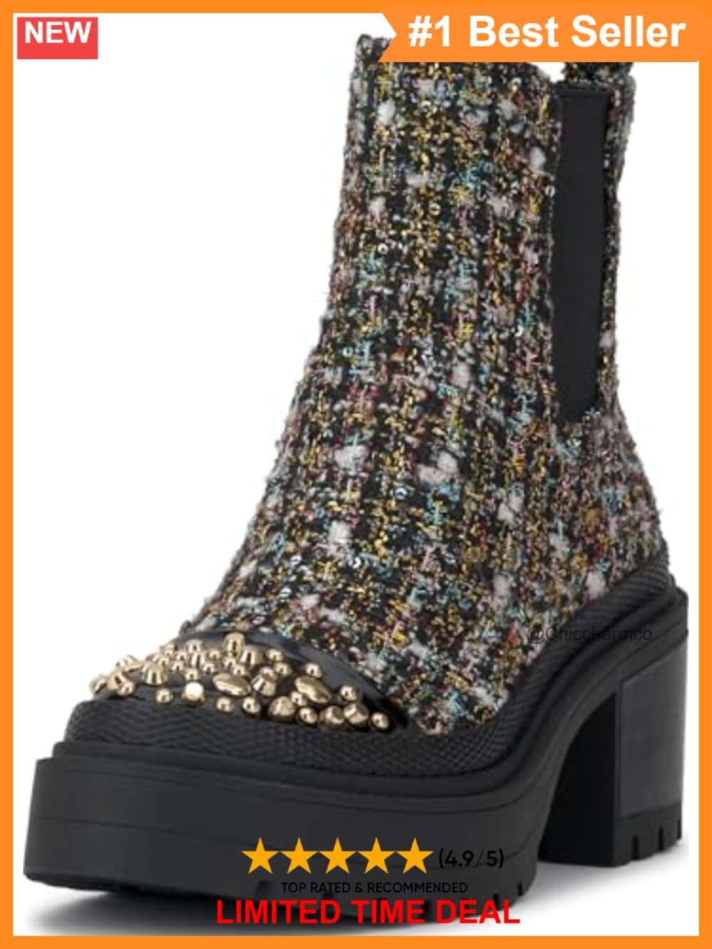 Platform Chelsea Ankle Boots Tweed Embellished Toe Block Heel Combat